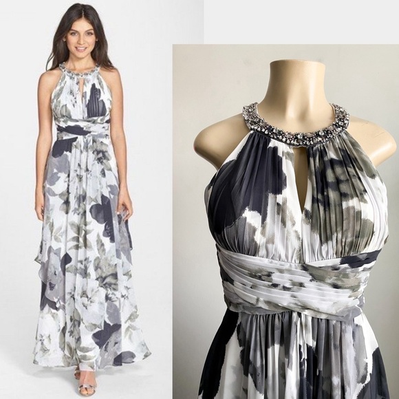 Eliza J Gray Floral Halter Maxi Dress Beaded Empire Formal Gown Event Wedding 2 - Picture 5 of 14